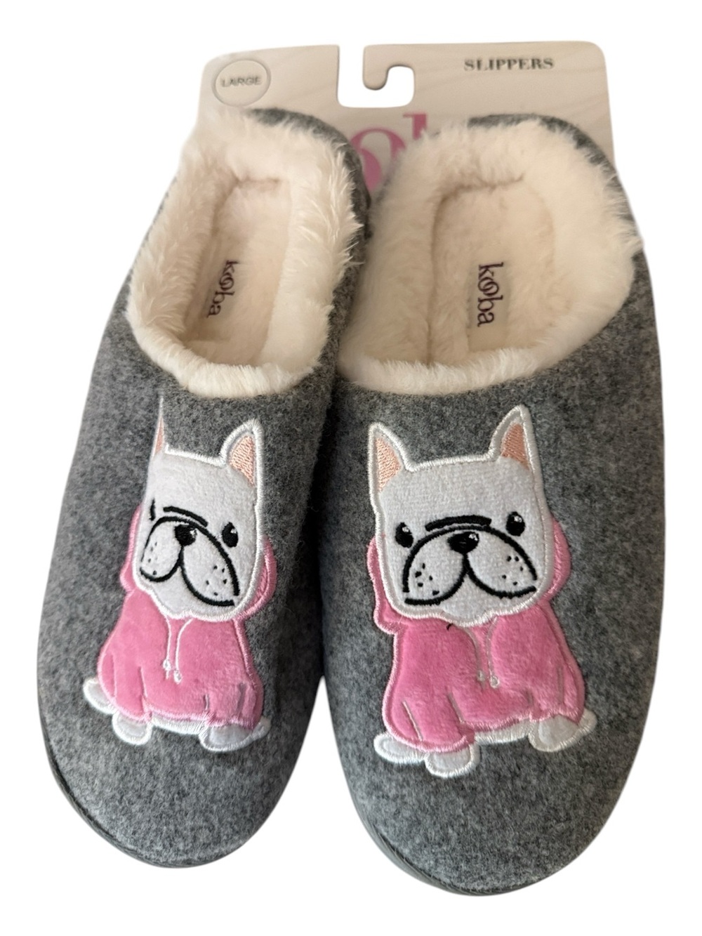 KOOBA FRENCHIE FRENCH BULLDOG SLIPPERS , grey with pink/white, L=8/9